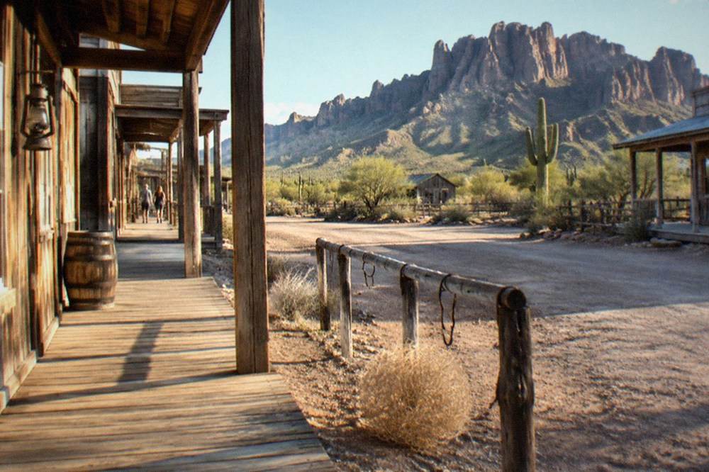 The wooden boardwalk and false-front buildings of Goldfield Ghost Town with the Superstition Mountains behind.