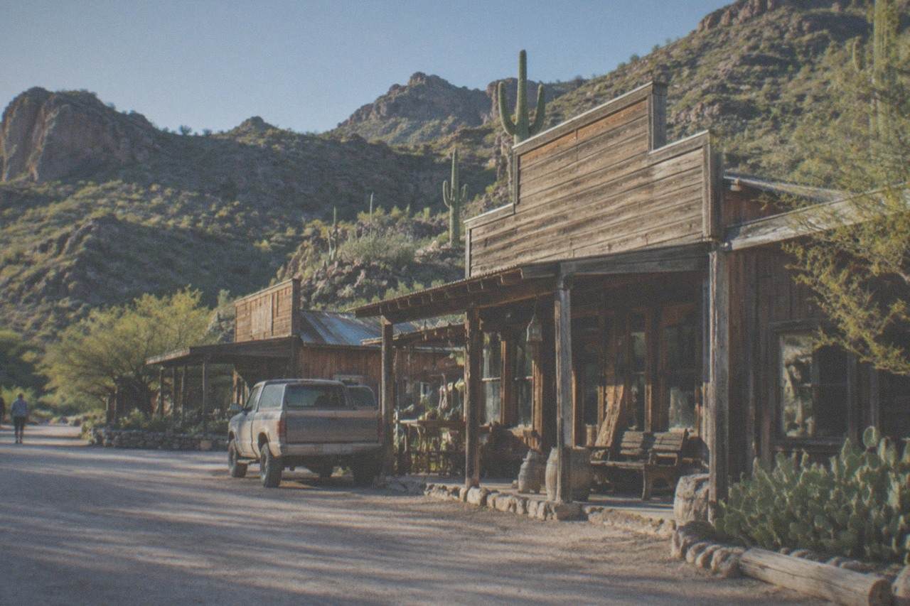 Wooden buildings of Tortilla Flat sitting against rocky desert hills along the Apache Trail