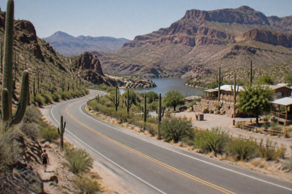 An empty desert highway curving toward distant red rock mesas under a wide sky