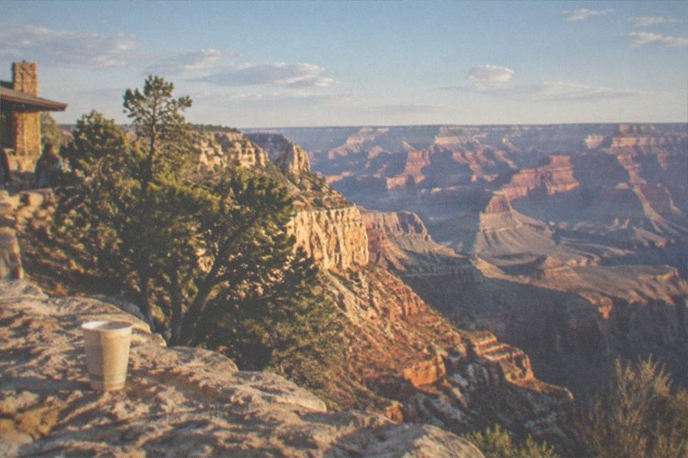 A wide canyon gorge in warm afternoon light with layered rock walls