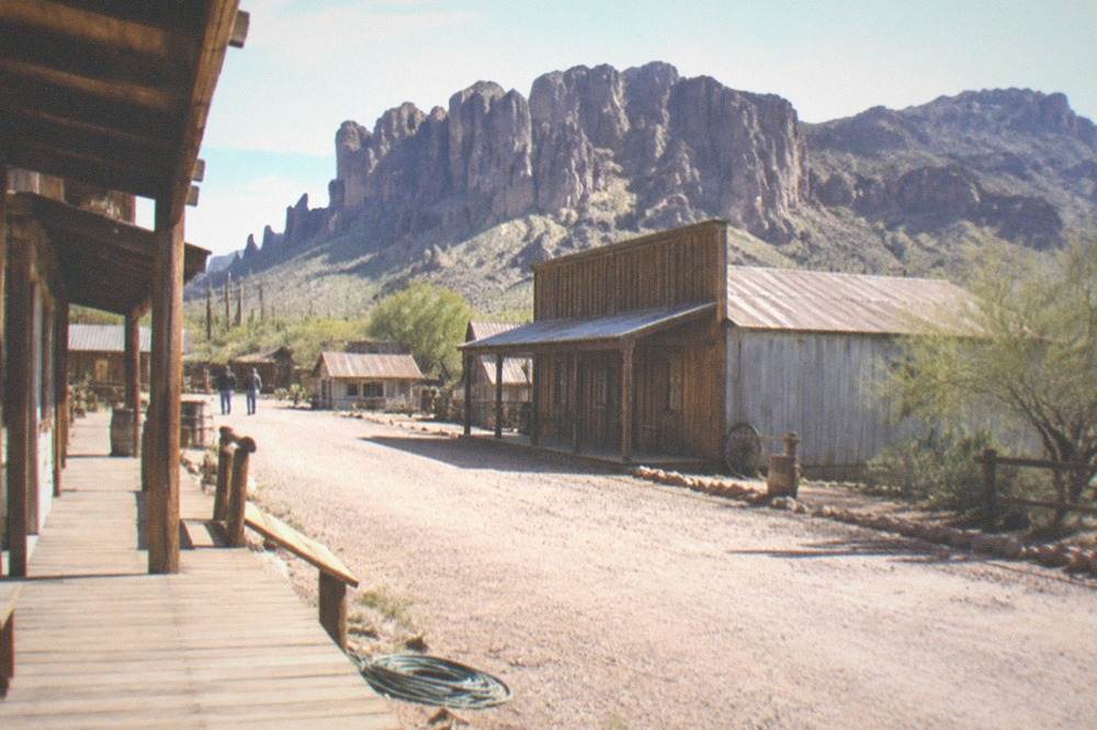 Boardwalk and old west facades along Goldfield Ghost Town main street